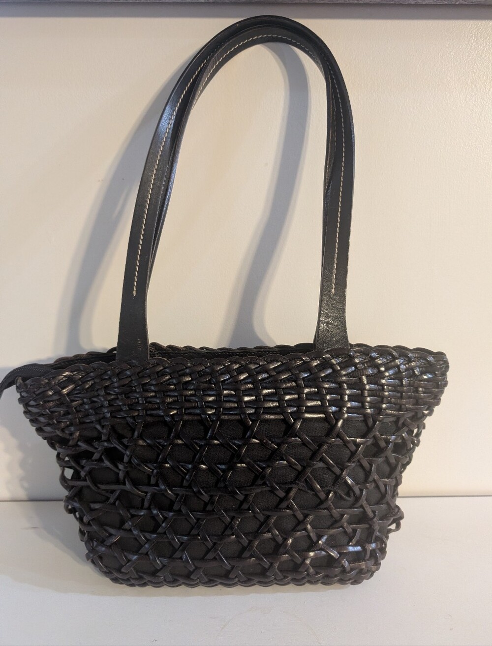 Vintage Woven Boho Chic Real Leather Shoulder Tote Bag Slouchy Italian Handbag